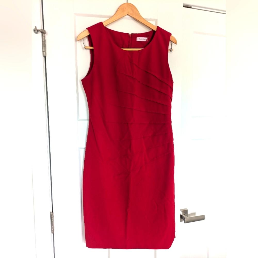 Calvin Klein Red Sleeveless Sheath Dress with Scoop Neck for Work